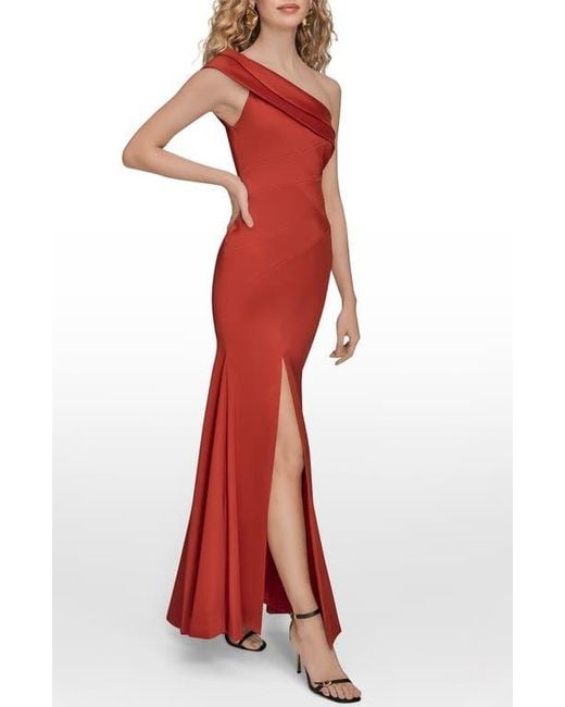Donna Karan Red Pleated One-Shoulder Gown
