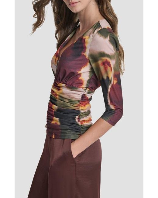DKNY Red Ruched Knit Zip-Up Top
