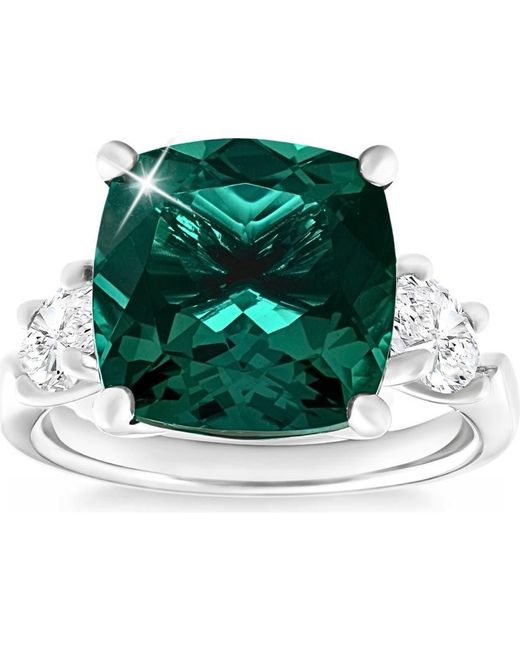 Bliss Diamond Green 7.55Ct Cushion Emerald & Marquise Three Stone Ring 14K Lab Grown
