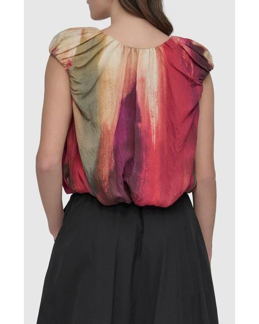 DKNY Red Print Rumpled Voile Bubble Top