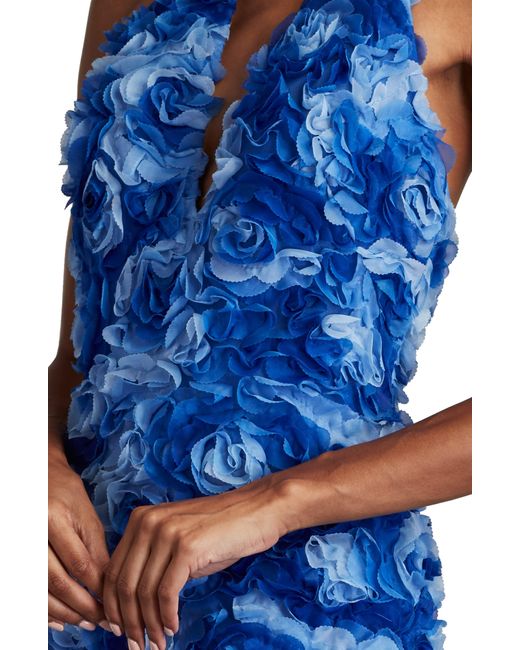 Tadashi Shoji Blue 3-d Floral Halter Neck Gown