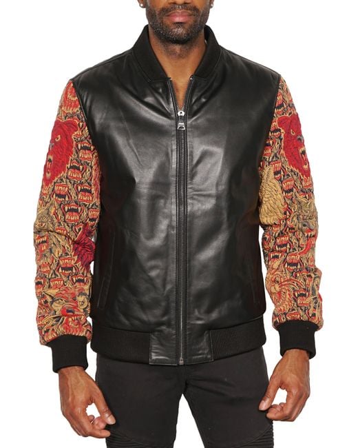 Maceoo Gray Embroidered Sleeve Leather Bomber Jacket for men