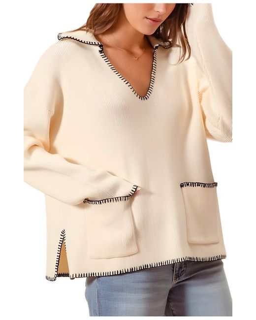 Knit & Lounge Natural Ribbed Long Sleeve V-Neck Pullover With Contrast Trim