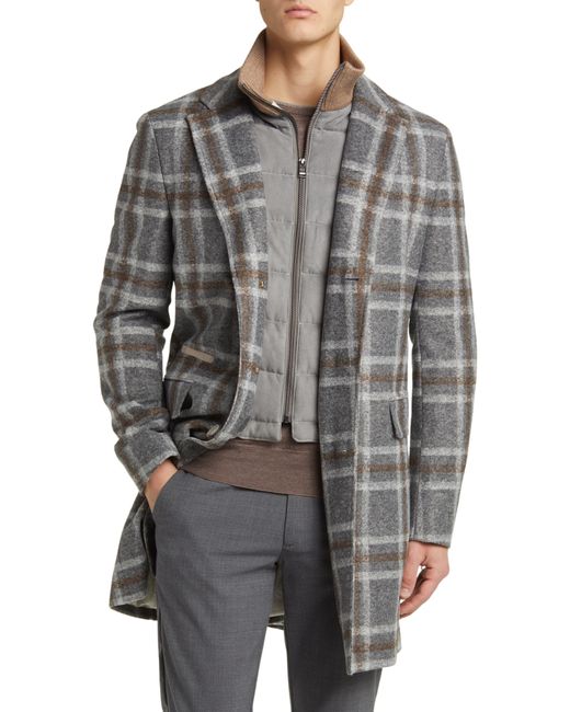 Boss Gray Hyde Plaid Notch Lapel Coat With Removable Dickey for men