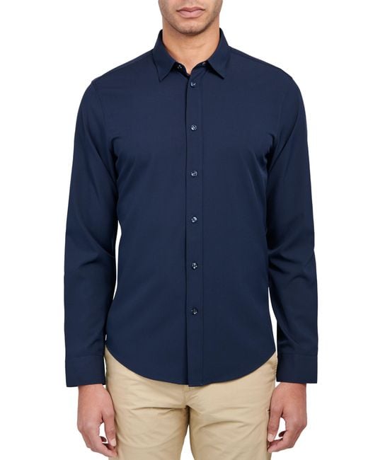 Brooklyn Brigade Blue Slim Fit Solid 4-Way Stretch Performance Long Sleeve Shirt for men