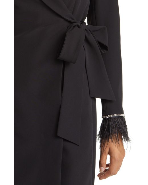 Tahari Black Feather Cuff Long Sleeve Wrap Blazer Dress