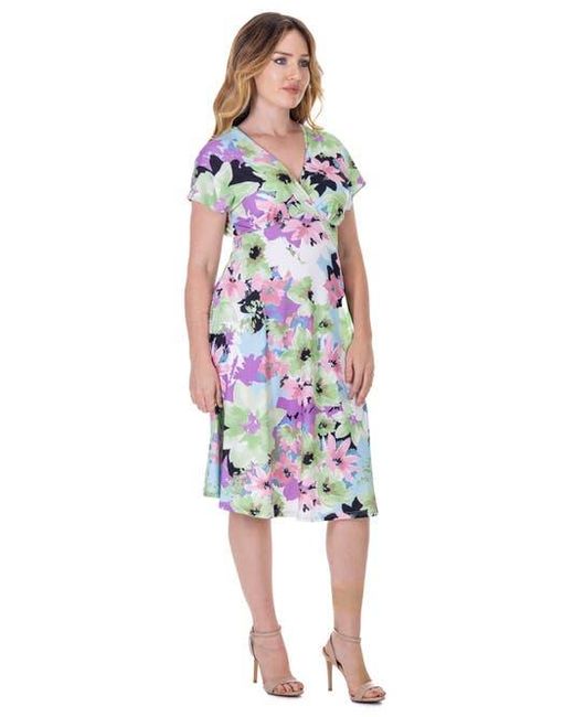 24seven Comfort Apparel Blue Petites Floral Print V-Neck Empire Waist Kimono Cap Sleeve Knee Length Dress