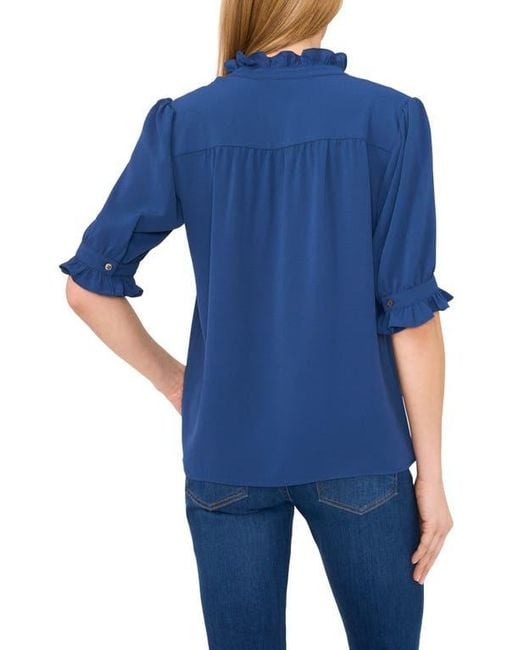 Cece Blue V-Neck Button-Up Shirt