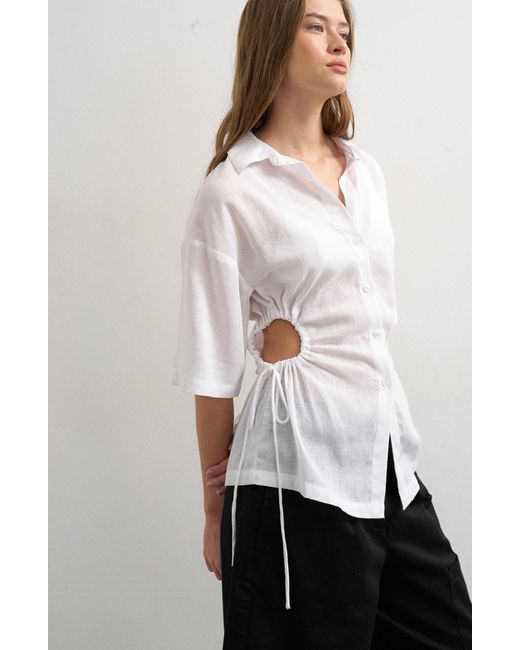 TOPSHOP White Drawstring Cutout Button-Up Top