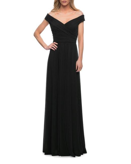 La Femme Black Off The Shoulder Net Jersey Long Dress With Ruching