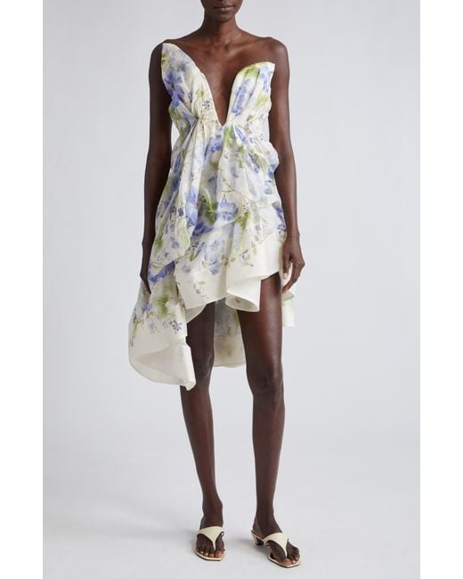 Zimmermann Multicolor Natura Floral Asymmetric Strapless Linen & Silk Dress