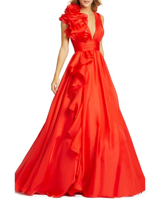 Mac Duggal Ruffle Detail Ruched Chiffon Ballgown in Red | Lyst