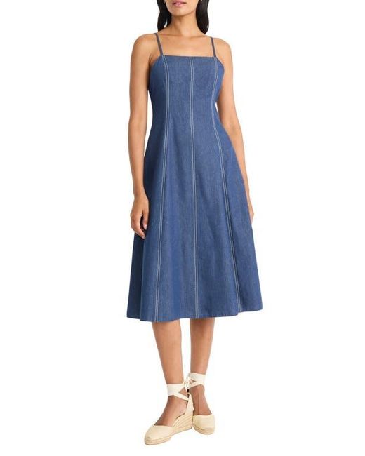 Maggy London Blue Topstitch Sleeveless Chambray Midi Dress