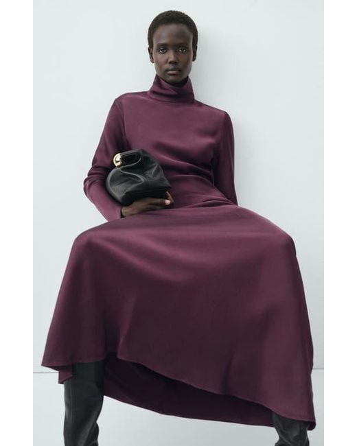 Mango Women's Purple Selection Turtleneck Long Sleeve Satin Maxi Dress