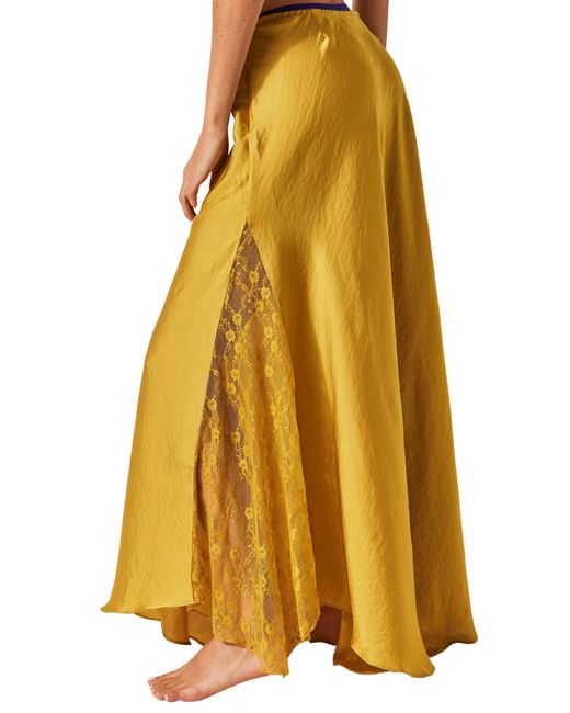Free People Yellow Make You Mine Lace Inset Satin Maxi Slip Skirt