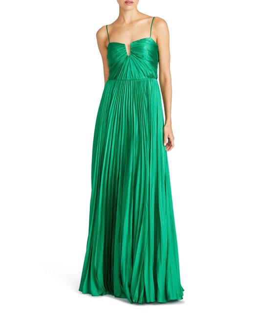 ML Monique Lhuillier Green Helena Pleated Satin Gown