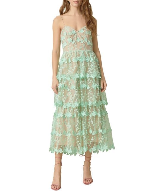 Endless Rose Green Floral Embroidered Tiered Lace Midi Dress