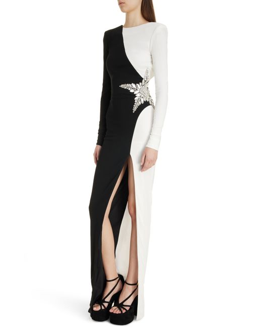 Balmain Black Embroidered Star Colorblock Long Sleeve Jersey Dress