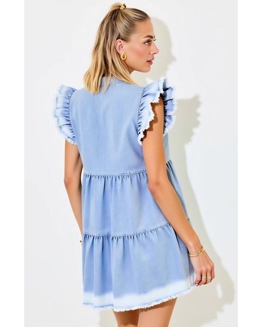 Modenaire Blue Tiered Denim Ruffle-Sleeve Frayed-Hem Mini Dress