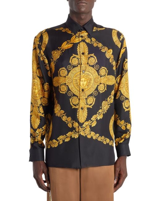 Versace Heritage Fit Barocco Print Silk Buttonup Shirt in Black for