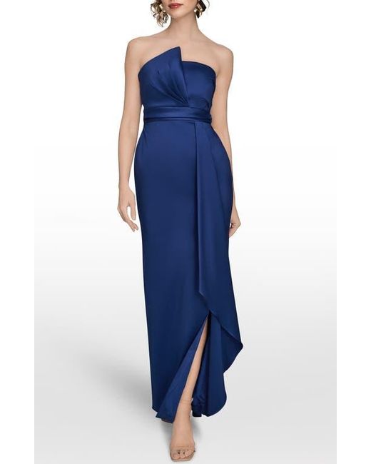Donna Karan Blue Asymmetric Strapless Satin Gown