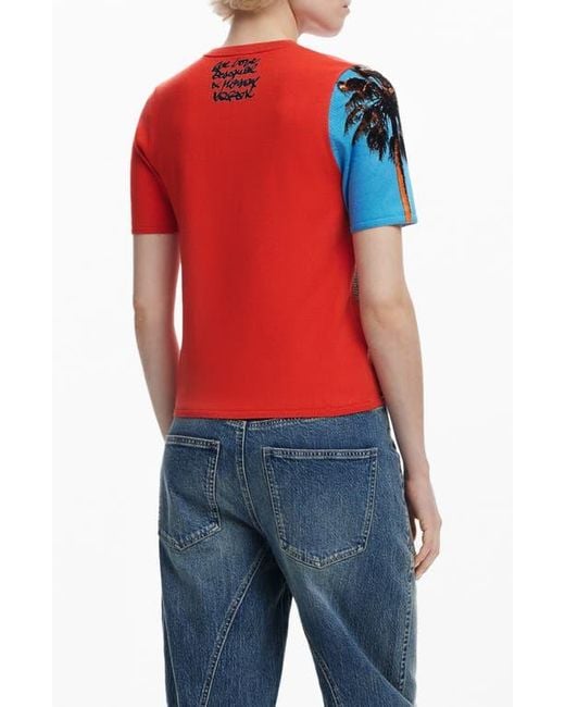 Desigual Red Collage Print Short Sleeve Knit Top