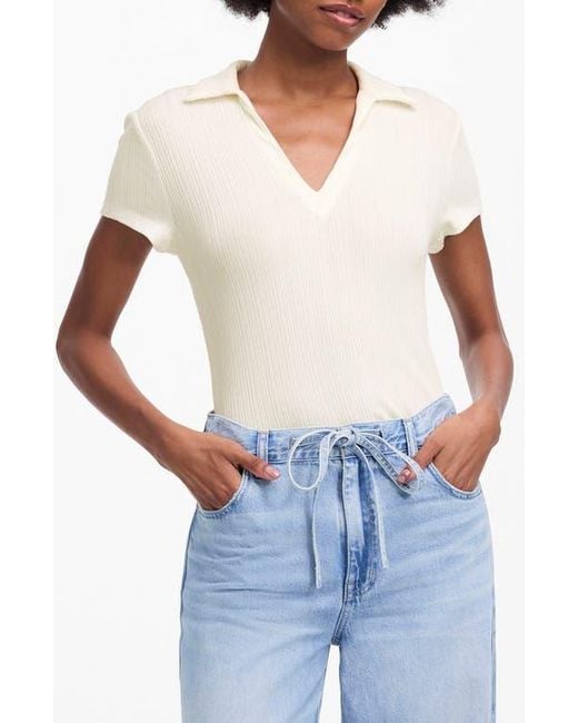Madewell White V-Neck Rib Polo Top