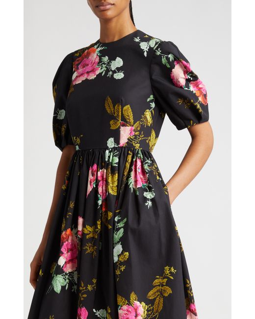 Erdem Black Floral Print Cotton Faille Midi Dress