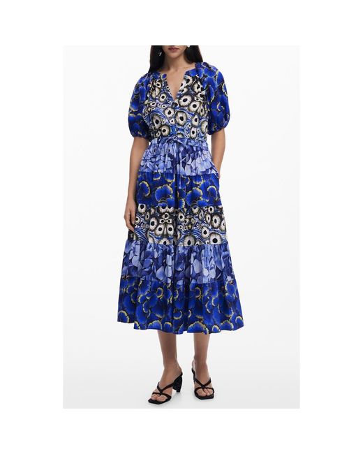 Desigual Blue Mixed Print Tiered Midi Dress