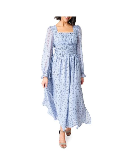 Gibsonlook Blue Floral Print Shirred Long Sleeve Maxi Dress