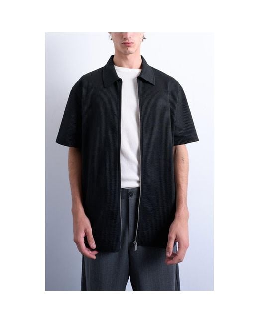 Topman Black Seersucker Zip-Up Shirt for men
