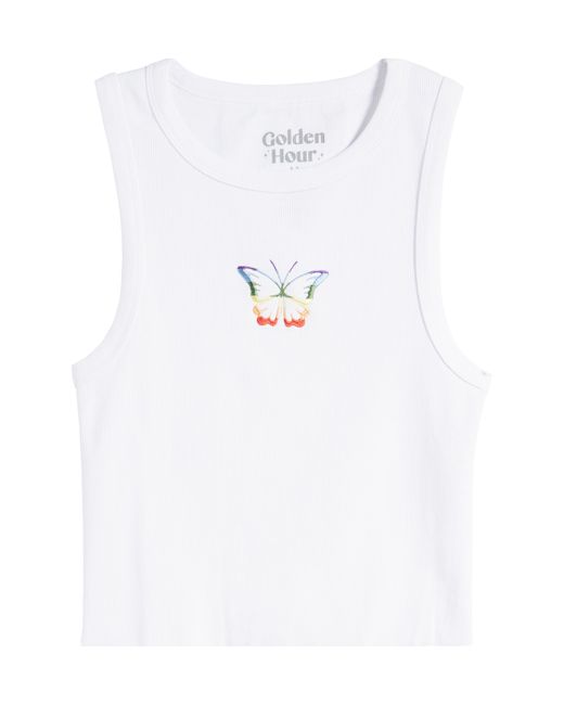 GOLDEN HOUR White Rainbow Butterfly Embroidered Cotton Tank