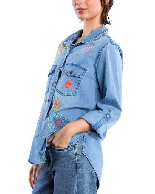 BILLY T Blue Happy Meadow Embroidered Graphic Button-Up Shirt