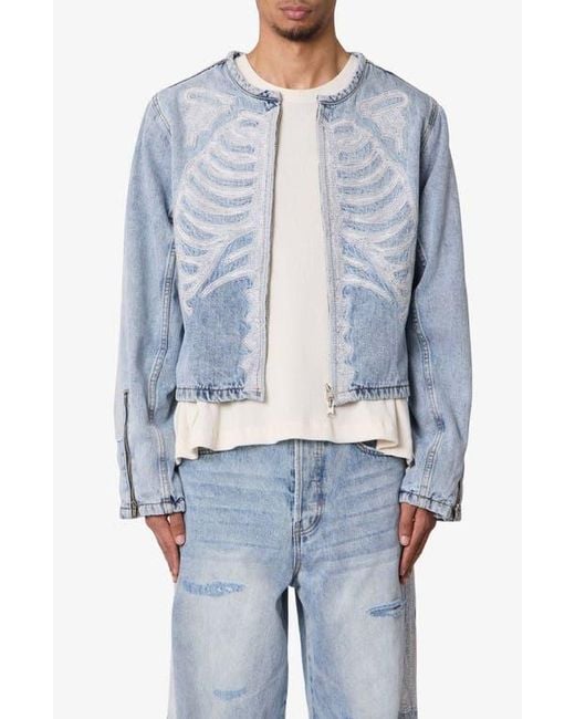MNML Blue Skeleton Denim Moto Jacket for men