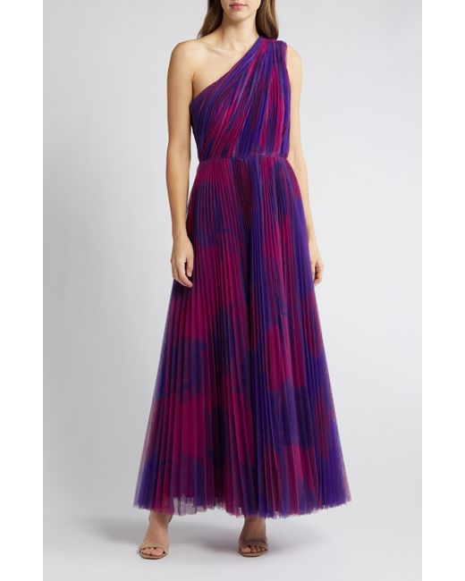 Hutch Purple Tarina Print Pleated One-shoulder Gown