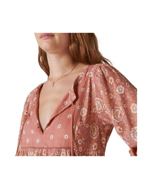 Lucky Brand Red Floral Print Long Sleeve Peasant Blouse