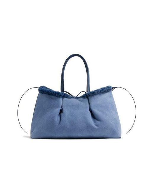 Bottega Veneta Blue Pinacoteca Reversible Denim Print Suede & Genuine Shearling Tote