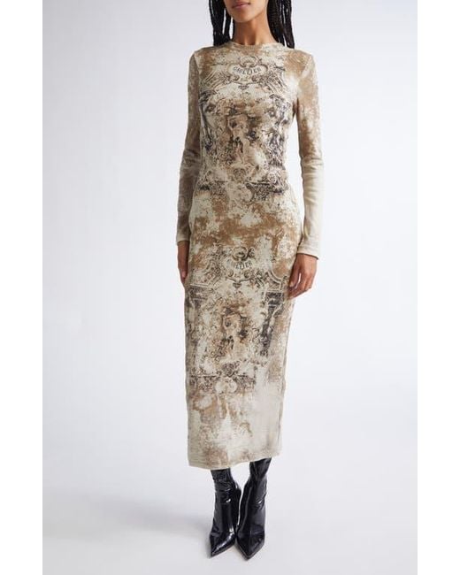 Jean Paul Gaultier Natural Medallion Print Long Sleeve Mesh Body-Con Dress