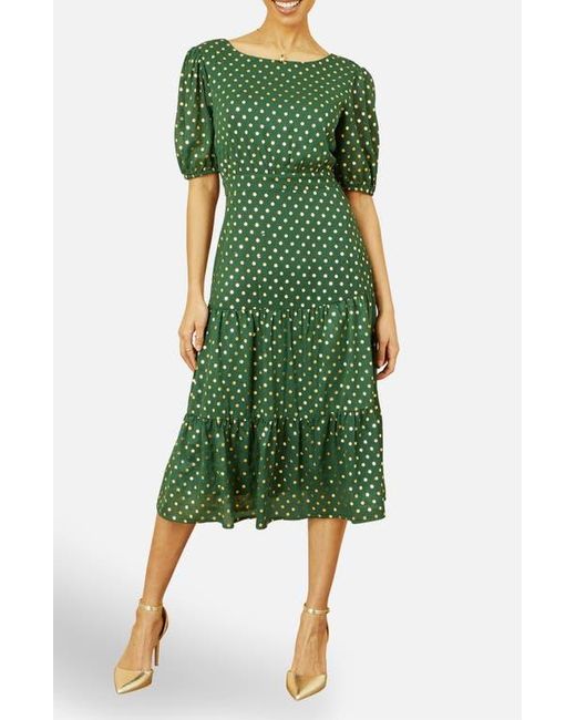 Yumi' Green Foil Spot Midi Dress With Scoop Back
