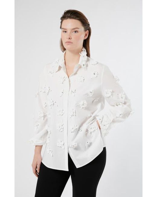 Marina Rinaldi White Fidato Crystal Flower Button-Up Shirt