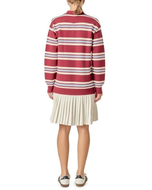 English Factory Red Stripe Long Sleeve Mixed Media Dress