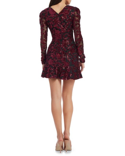 Dress the Population Red Kelsey Sequin Floral Long Sleeve Minidress