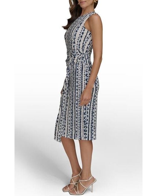 Donna Karan Blue Abstract Print Gathered Sheath Dress