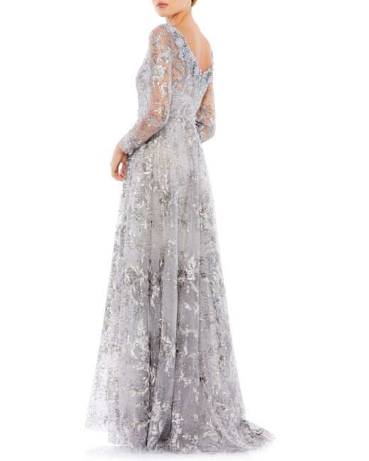 Mac Duggal Gray Sequin Long Sleeve A-line Gown