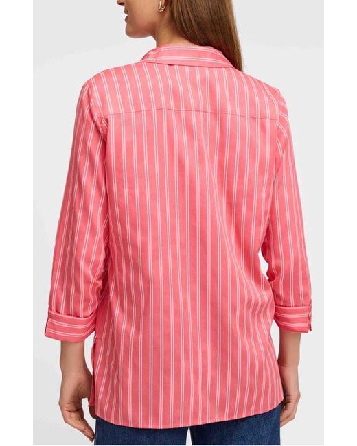 Foxcroft Pink Evelyn Stripe Three-Quarter Sleeve Cotton Button-Up Shirt