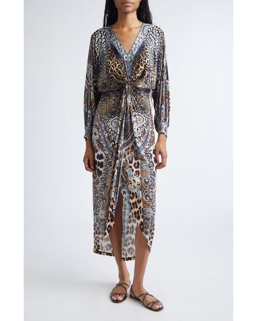 Camilla Multicolor Twist Front Long Sleeve Jersey Midi Dress