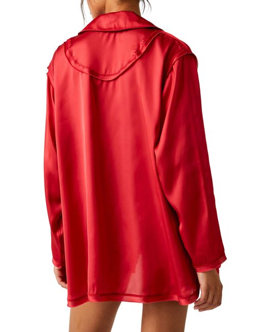 Free People Red Like Honey Long-sleeve Satin Pajama Shirt