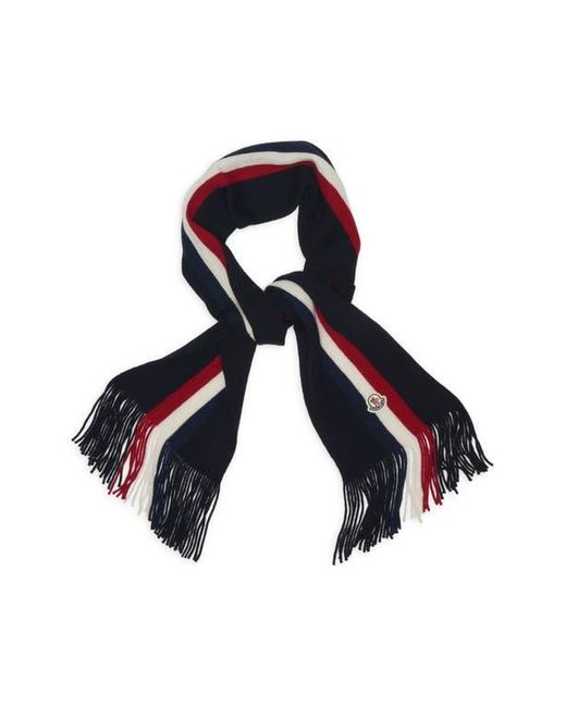 Moncler Blue Logo Patch Stripe Virgin Wool Fringe Scarf for men