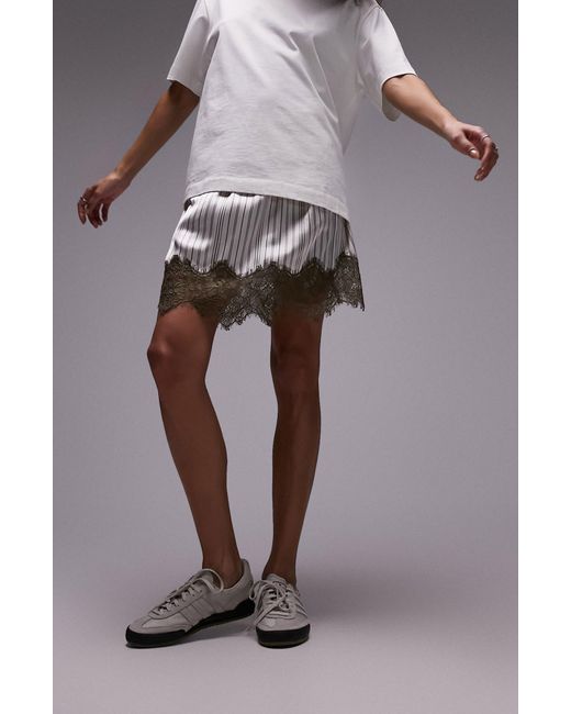TOPSHOP Brown Stripe Lace Detail Miniskirt