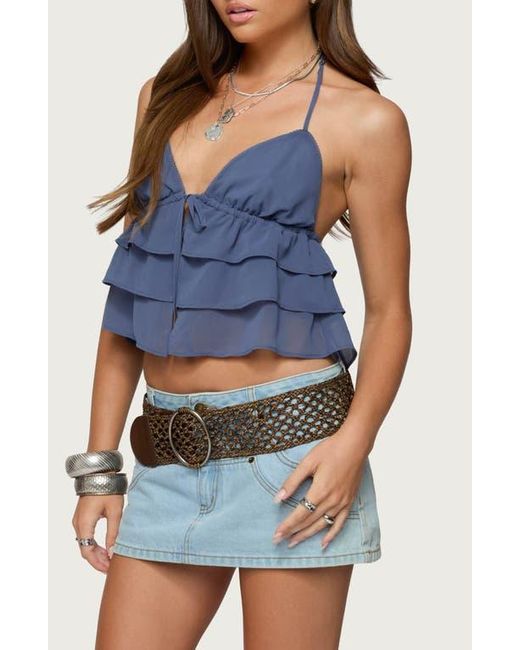Edikted Blue Zephi Tiered Ruffle Halter Top